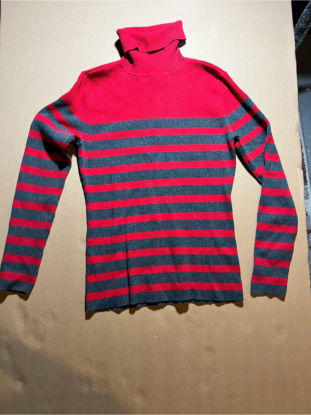 Liz Claiborne Red and Gray Striped Turtleneck Sweater